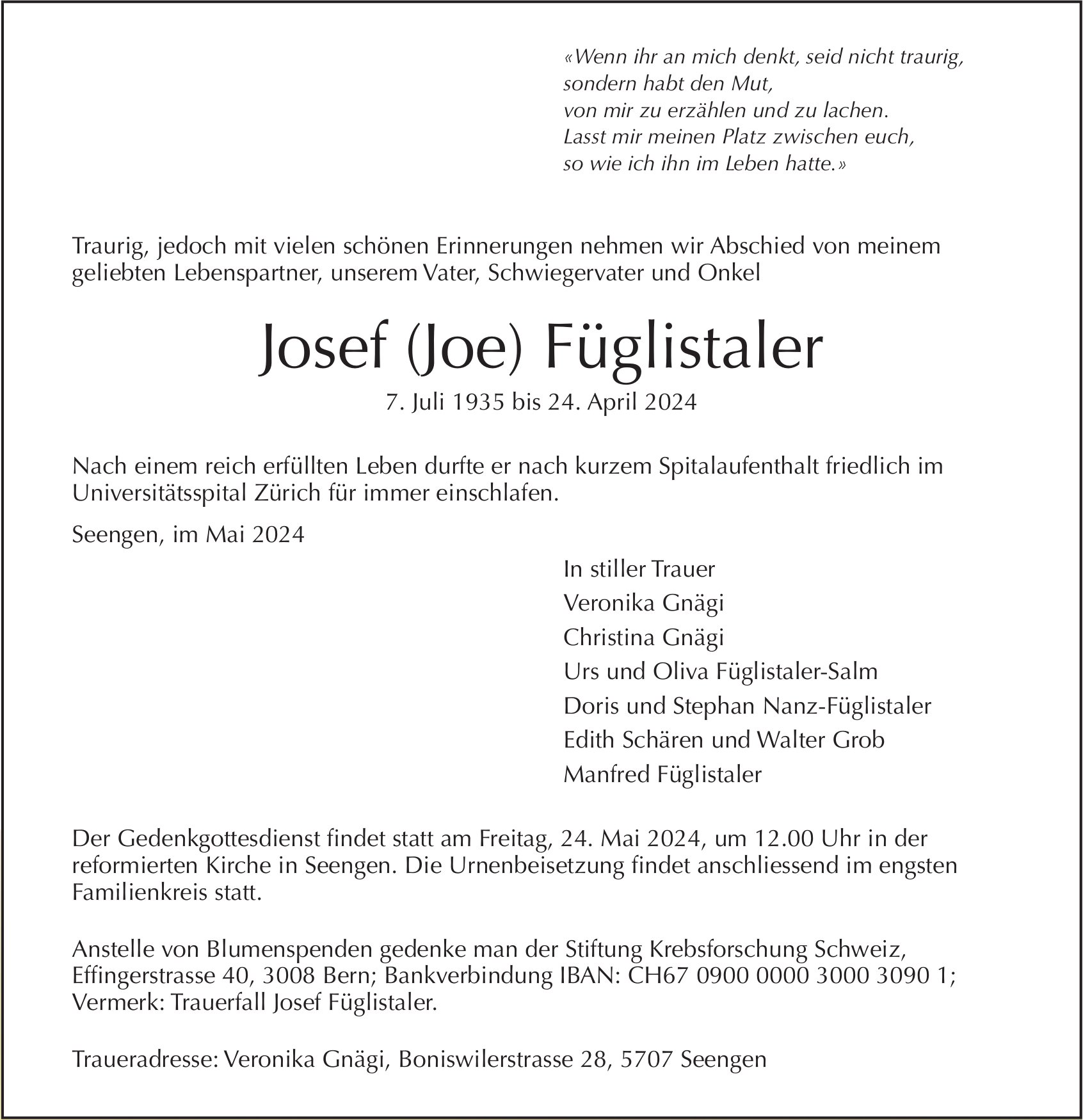Josef (Joe) Füglistaler, April 2024 / TA