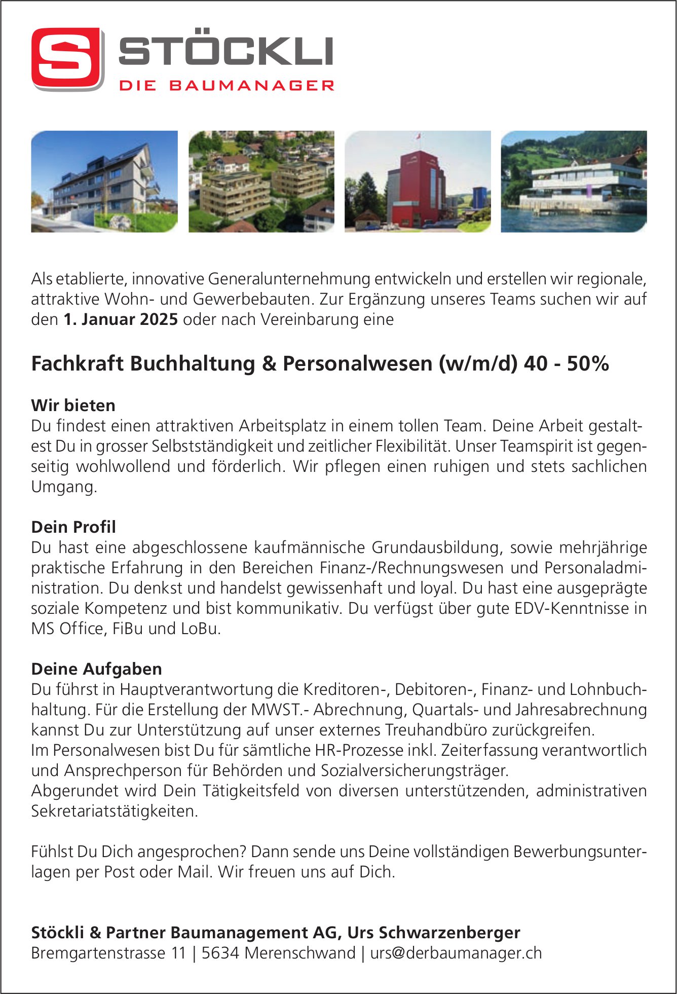 Fachkraft Buchhaltung & Personalwesen (w/m/d) 40-50%, Stöckli & Partner Baumanagement AG, Merenschwand, gesucht