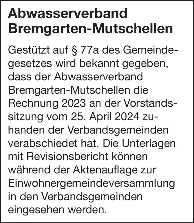 Abwasserverband Bremgarten-Mutschellen, Rechnung 2023