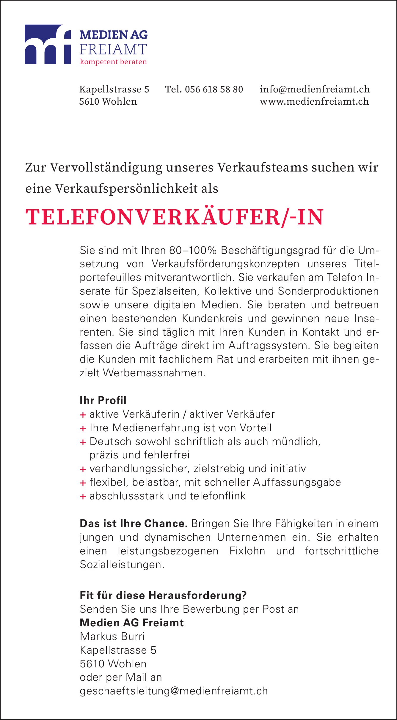 Telefonverkäufer/-in, Medien AG Freiamt, Wohlen, gesucht