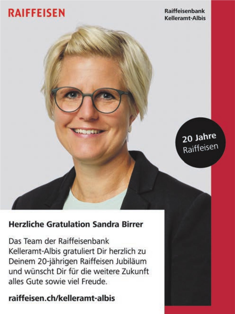Raiffeisenbank, Kelleramt-Albis - Herzliche Gratulation Sandra Birrer zu 20 Jahre Jubiläum