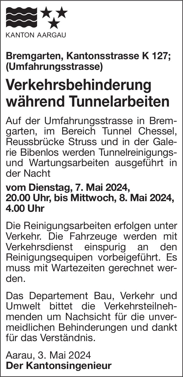 Bremgarten - Verkehrsbehinderung während Tunnelarbeiten, Kantonsstrasse K127