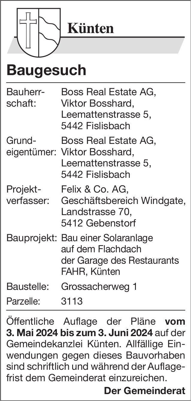 Baugesuche, Künten - Boss Real Estate AG