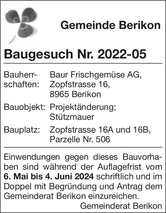 Baugesuche, Berikon - Baur Frischgemüse AG