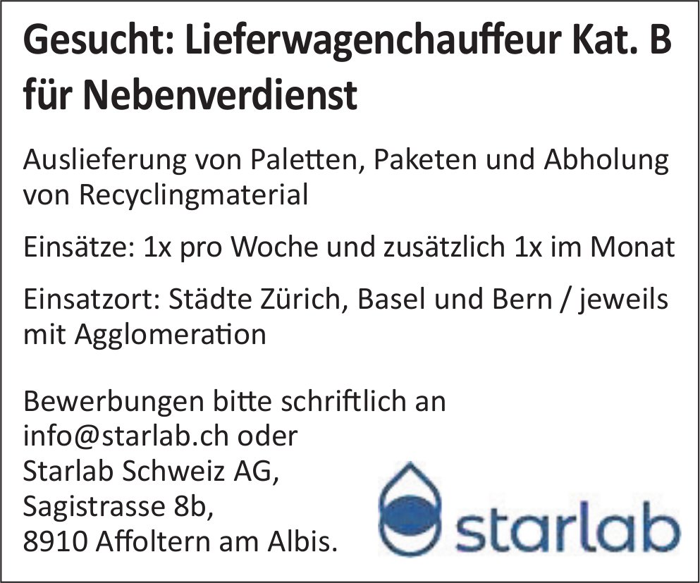 Lieferwagenchauffeur Kat. B, Starlab Schweiz AG, Affoltern am Albis, gesucht