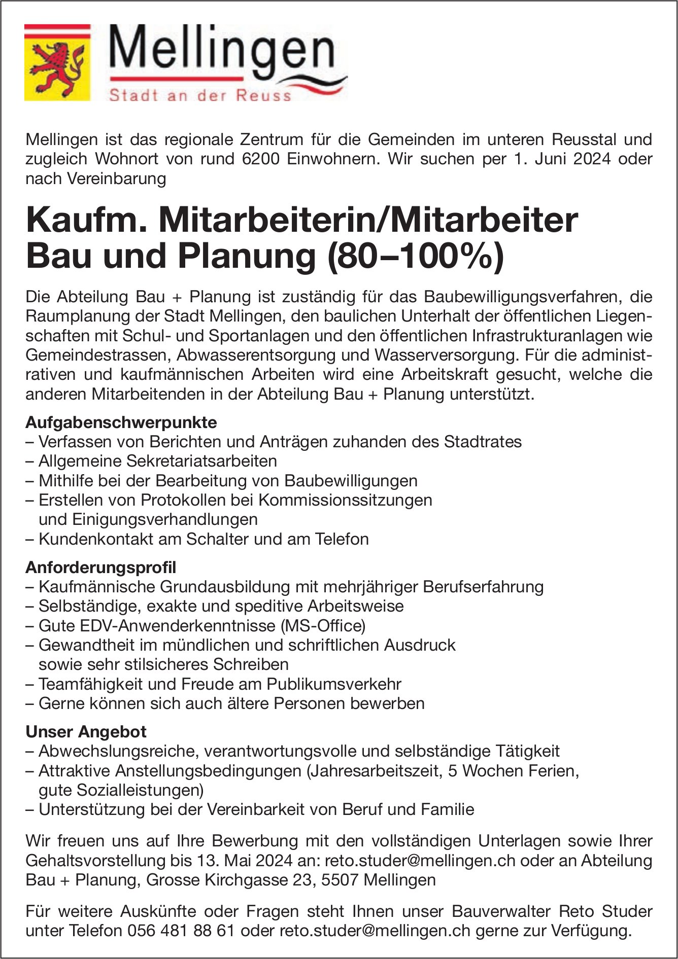 Kaufm. Mitarbeiterin/Mitarbeiter Bau und Planung (80-100%), Gemeinde, Mellingen, gesucht