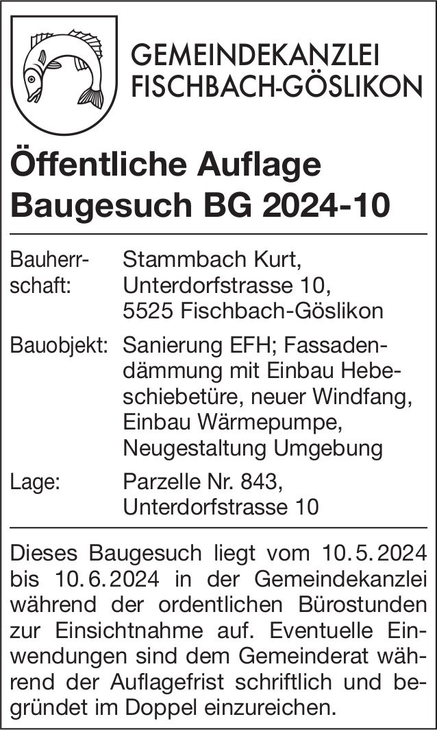 Baugesuche, Fischbach-Göslikon - Stammbach Kurt