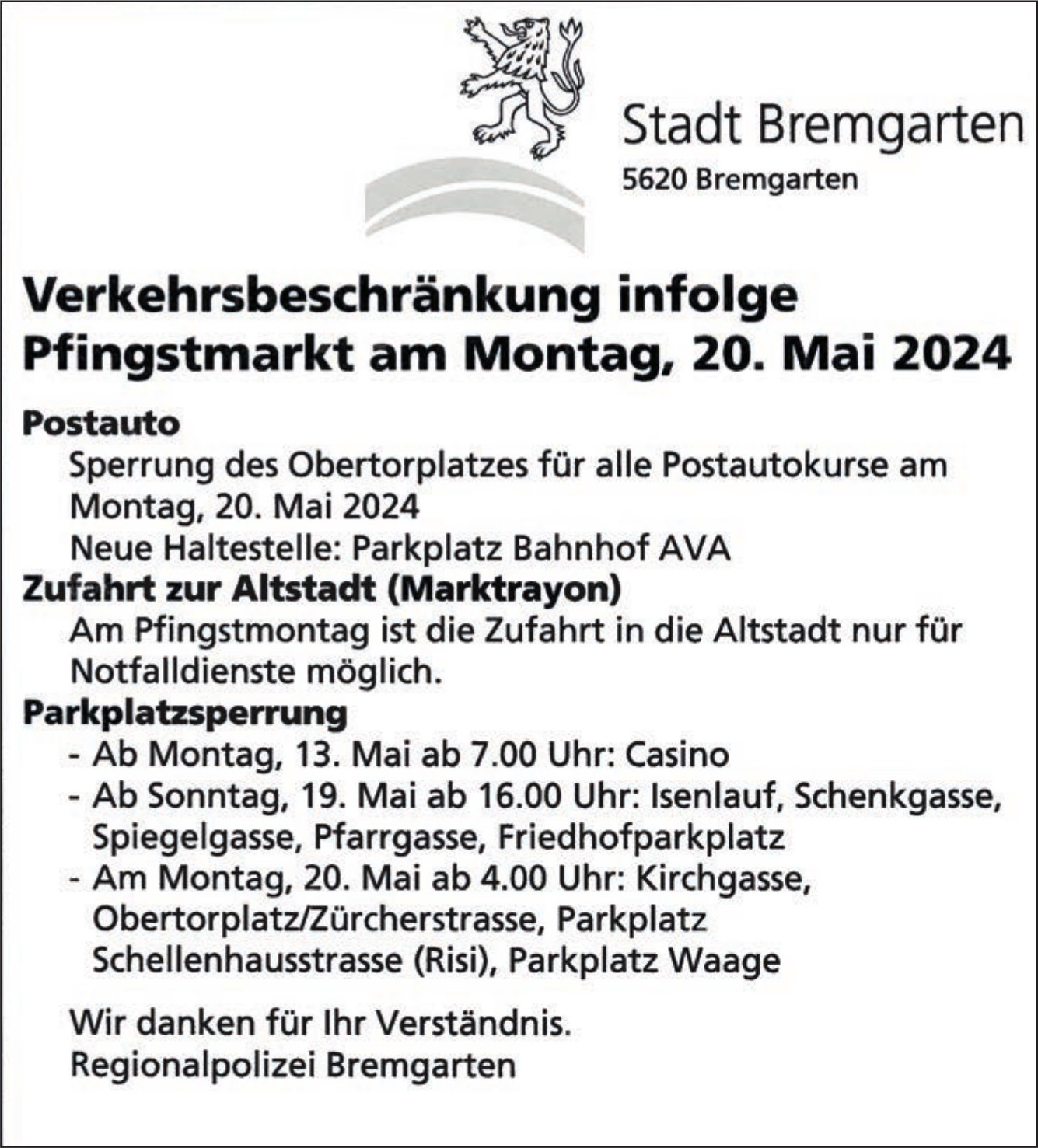 Bremgarten - Verkehrsbeschränkung infolge Pfingstmarkt, 20. Mai