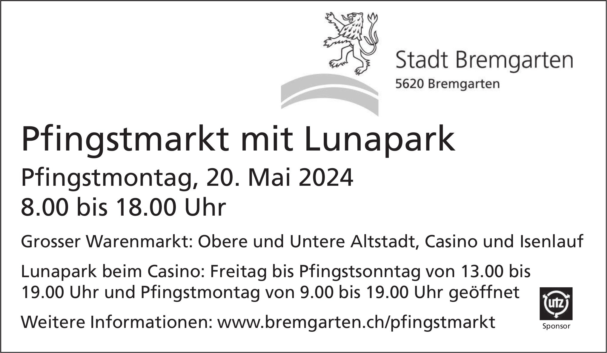 Pfingstmarkt mit Lunapark, 20. Mai, Stadt, Bremgarten