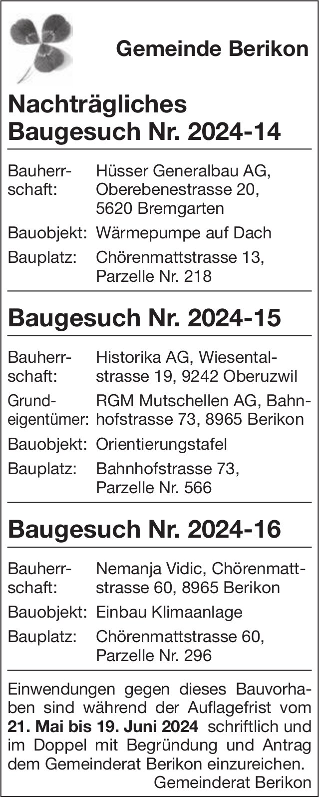 Baugesuche, Berikon - Hüsser Generalbau AG