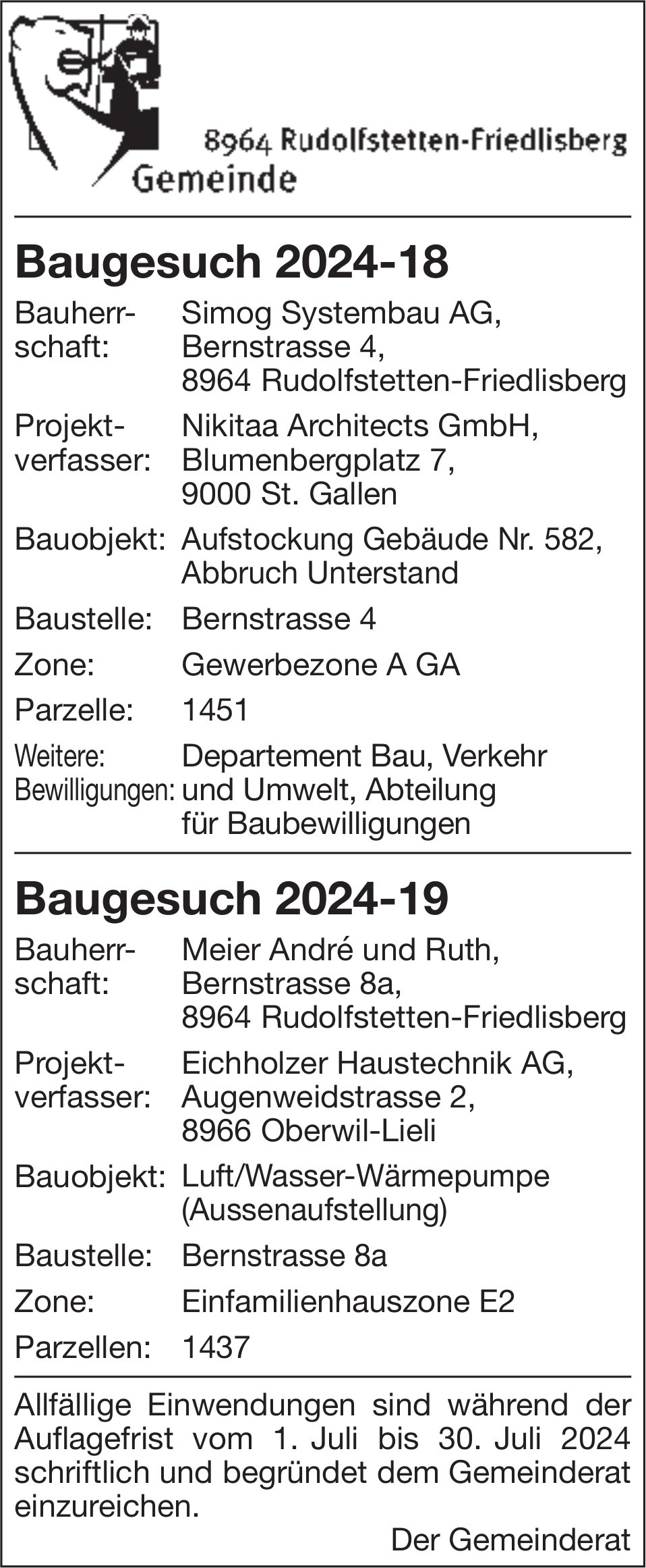 Baugesuche, Rudolfstetten-Friedlisberg - Simog Systembau AG