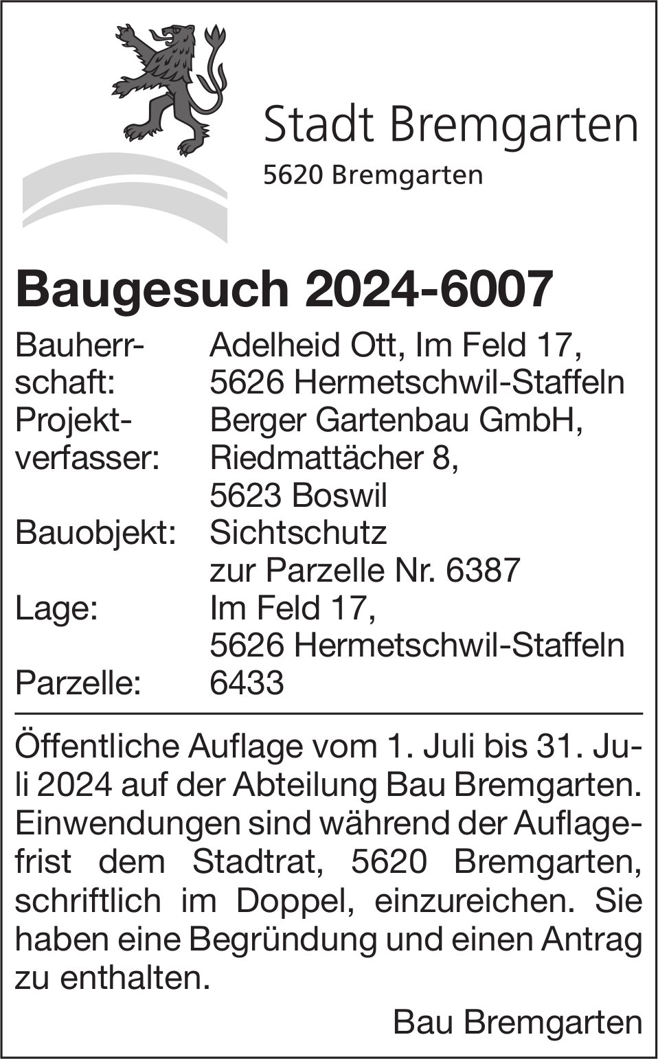Baugesuche, Bremgarten - Adelheid Ott