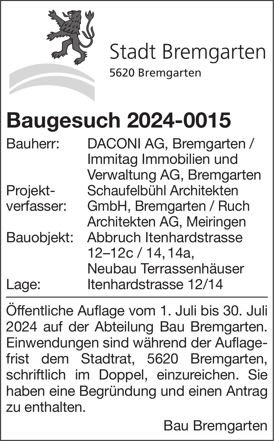 Baugesuche, Bremgarten - DACONI AG