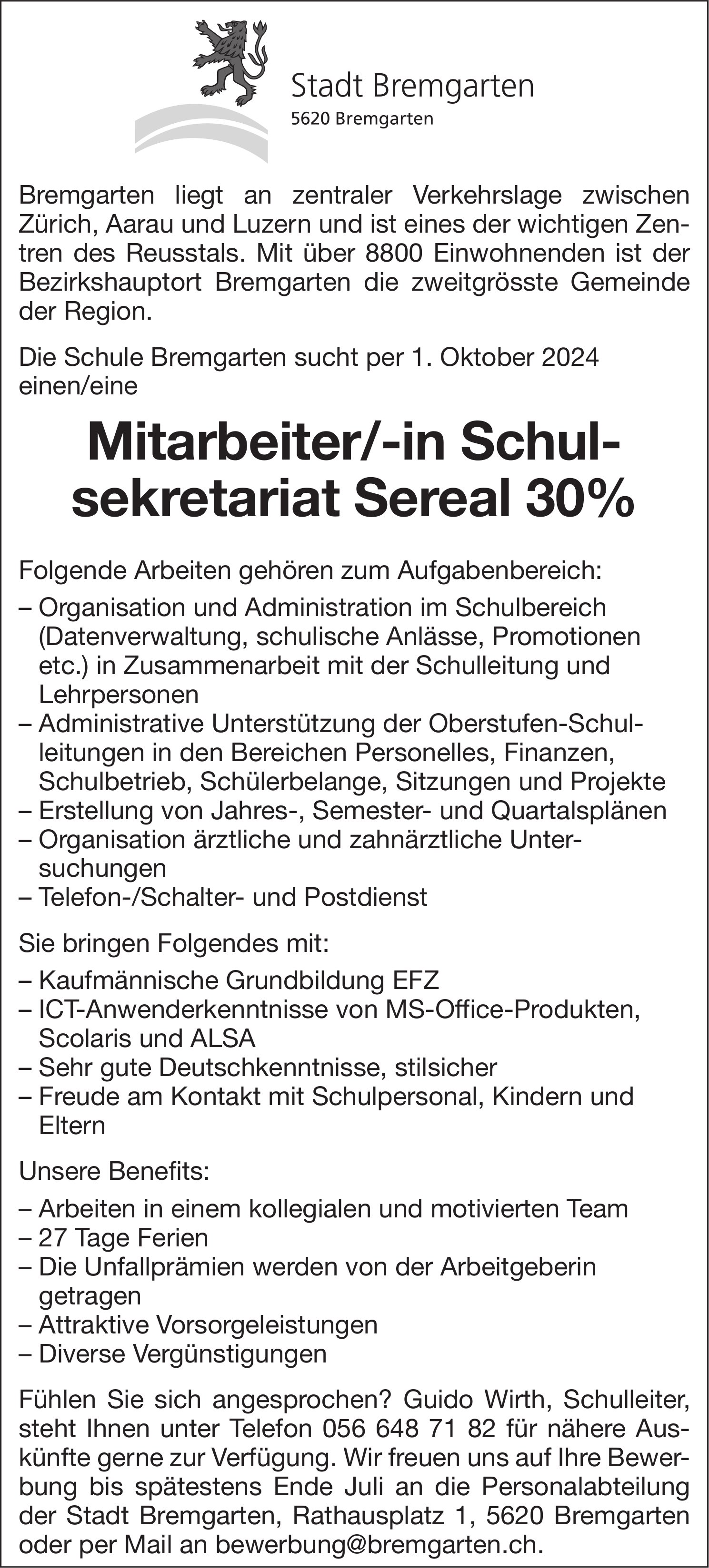 Mitarbeiter/-in Schulsekretariat Sereal 30%, Stadt, Bremgarten, gesucht