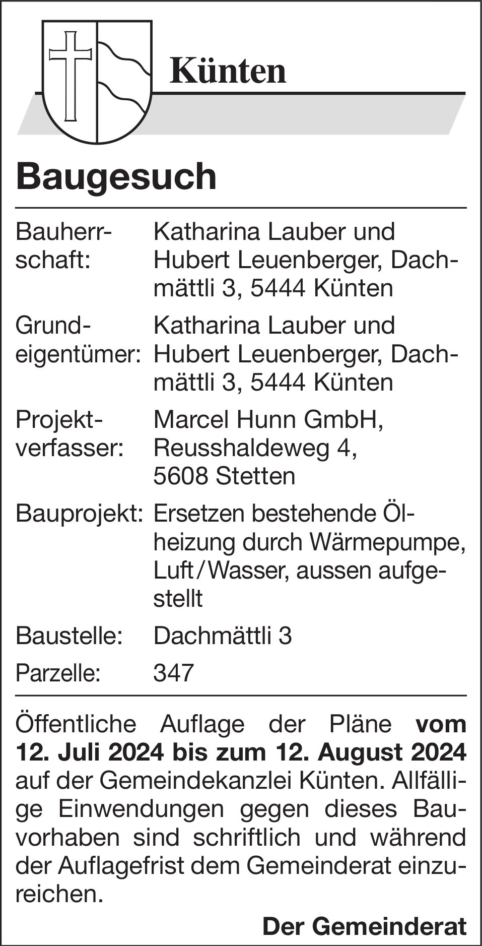 Baugesuche, Künten - Katharina Lauber und Hubert Leuenberger