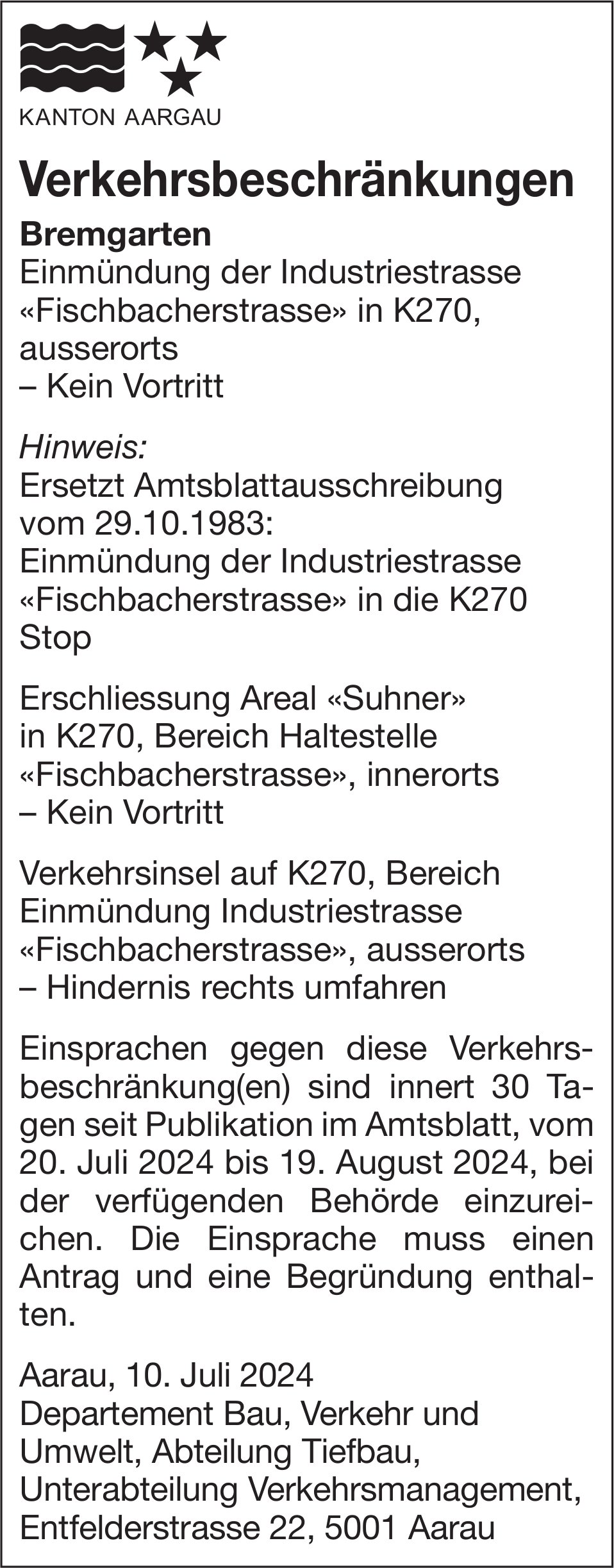 Bremgarten - Verkehrsbeschränkungen; K270