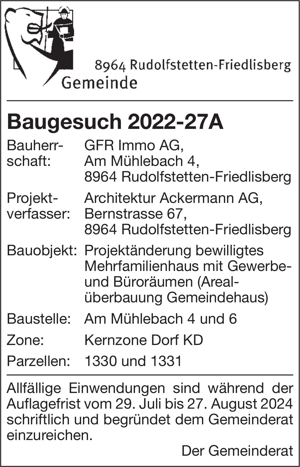 Baugesuche, Rudolfstetten-Friedlisberg - GFR immo AG
