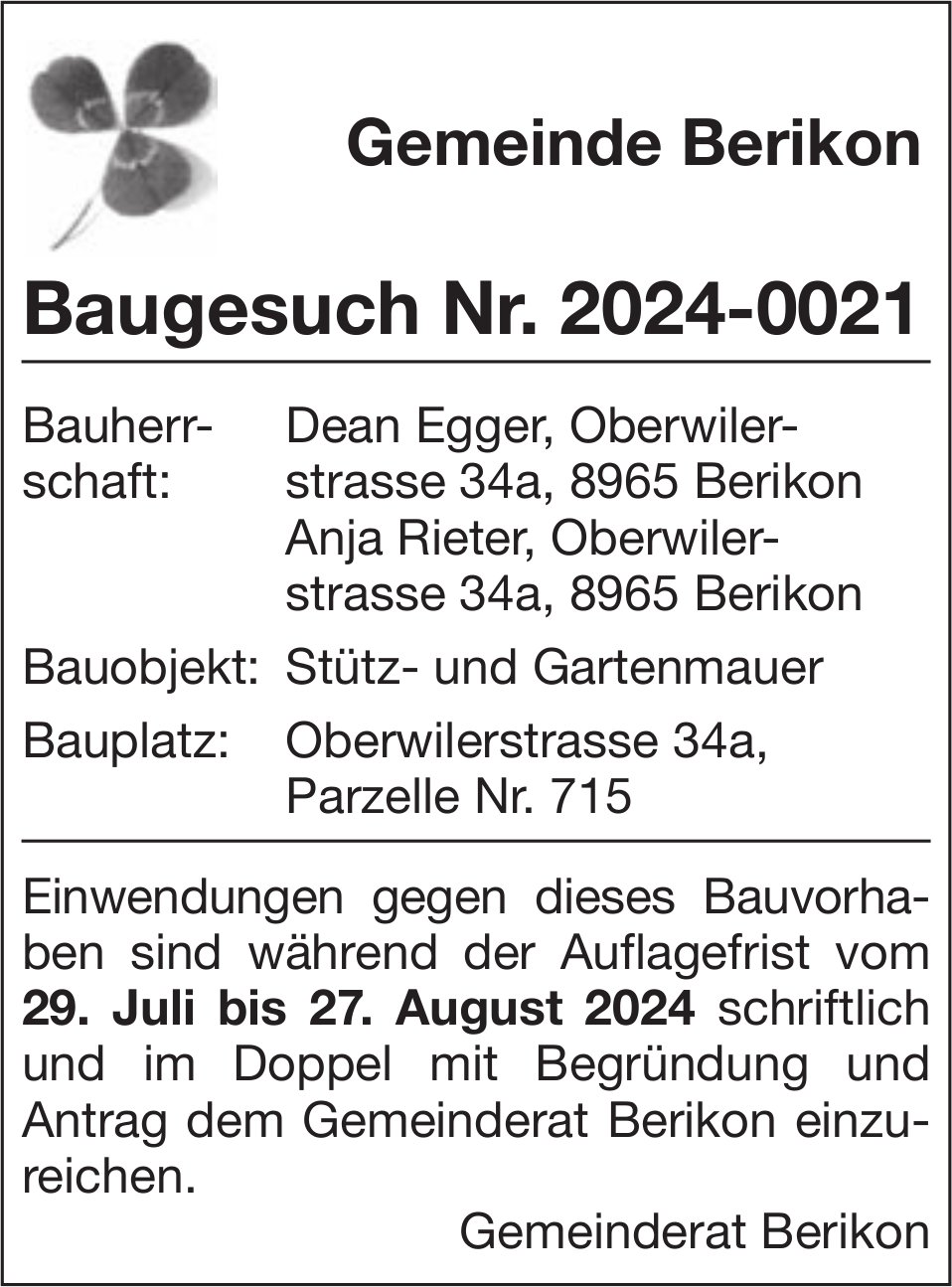 Baugesuche, Berikon - Dean Egger