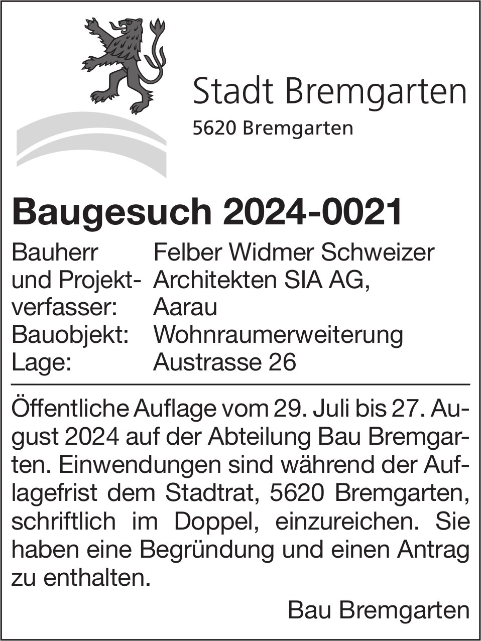 Baugesuche, Bremgarten - Felber Widmer Schweizer Architekten SIA AG