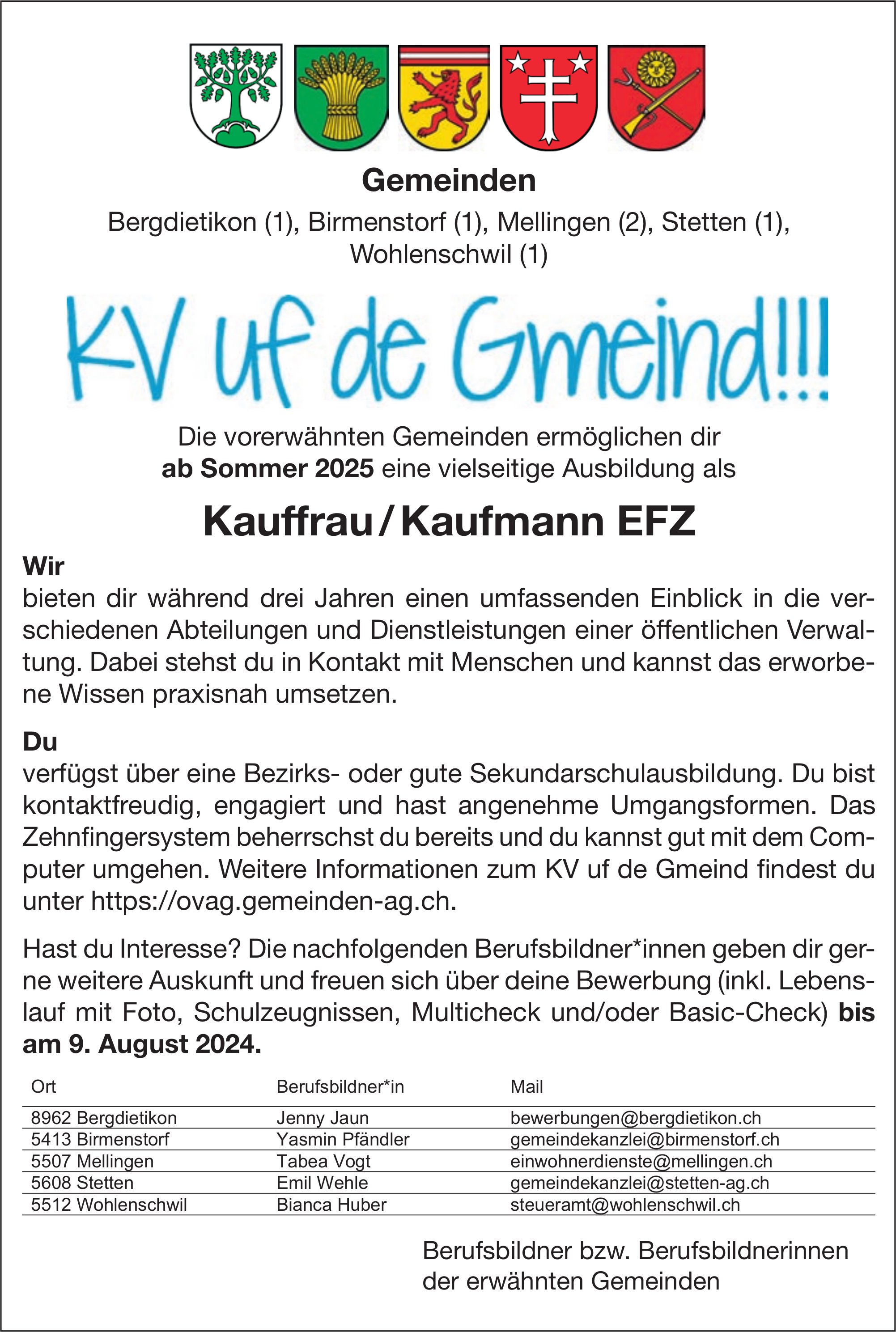 Lehrstellen als Kauffrau / Kaufmann EFZ, Gemeinden, Bergdietikon, Birmenstorf,  Mellingen,  Stetten und Wohlenschwil,  zu vergeben