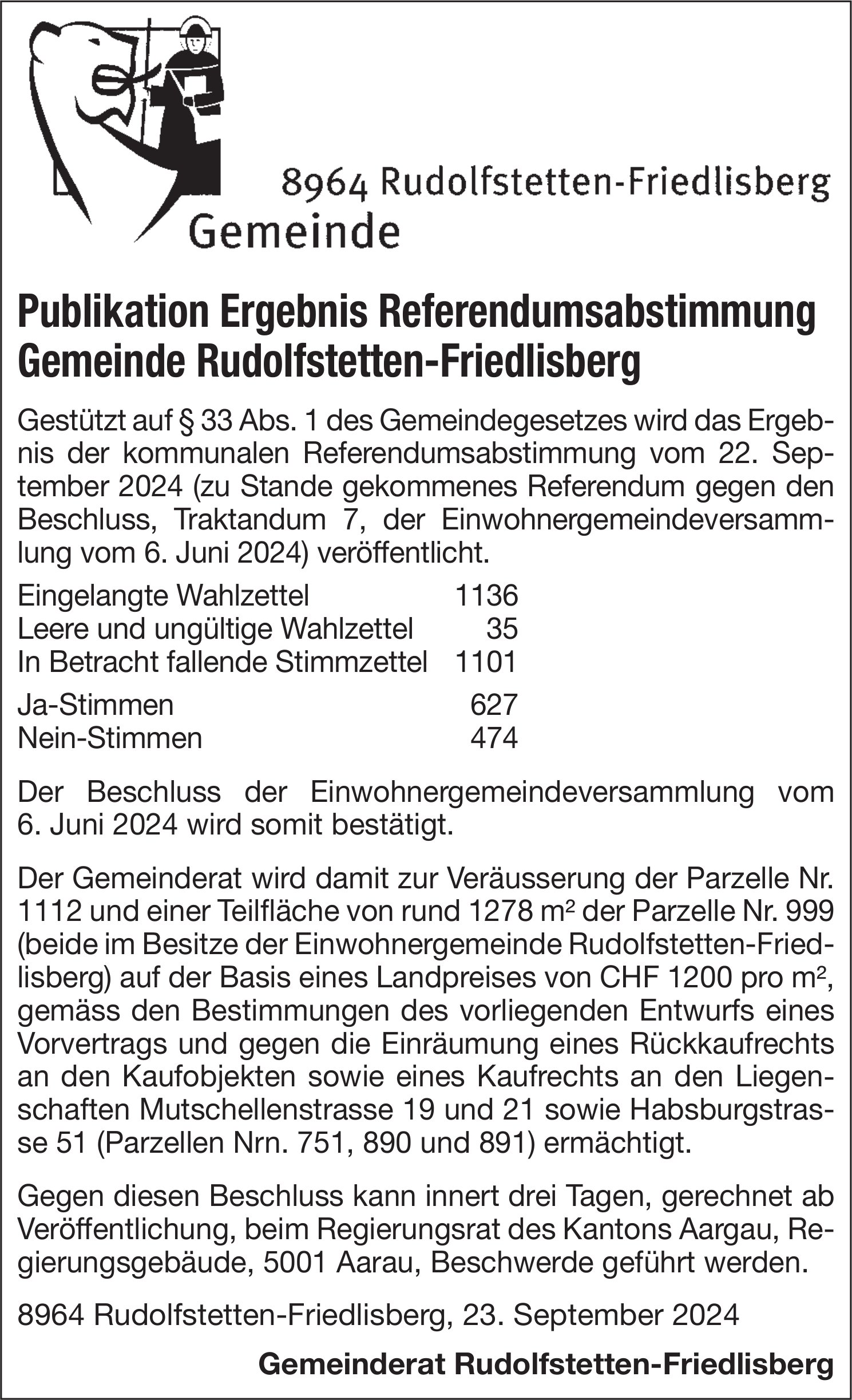 Rudolfstetten-Friedlisberg - Publikation Ergebnis Referendumsabstimmung