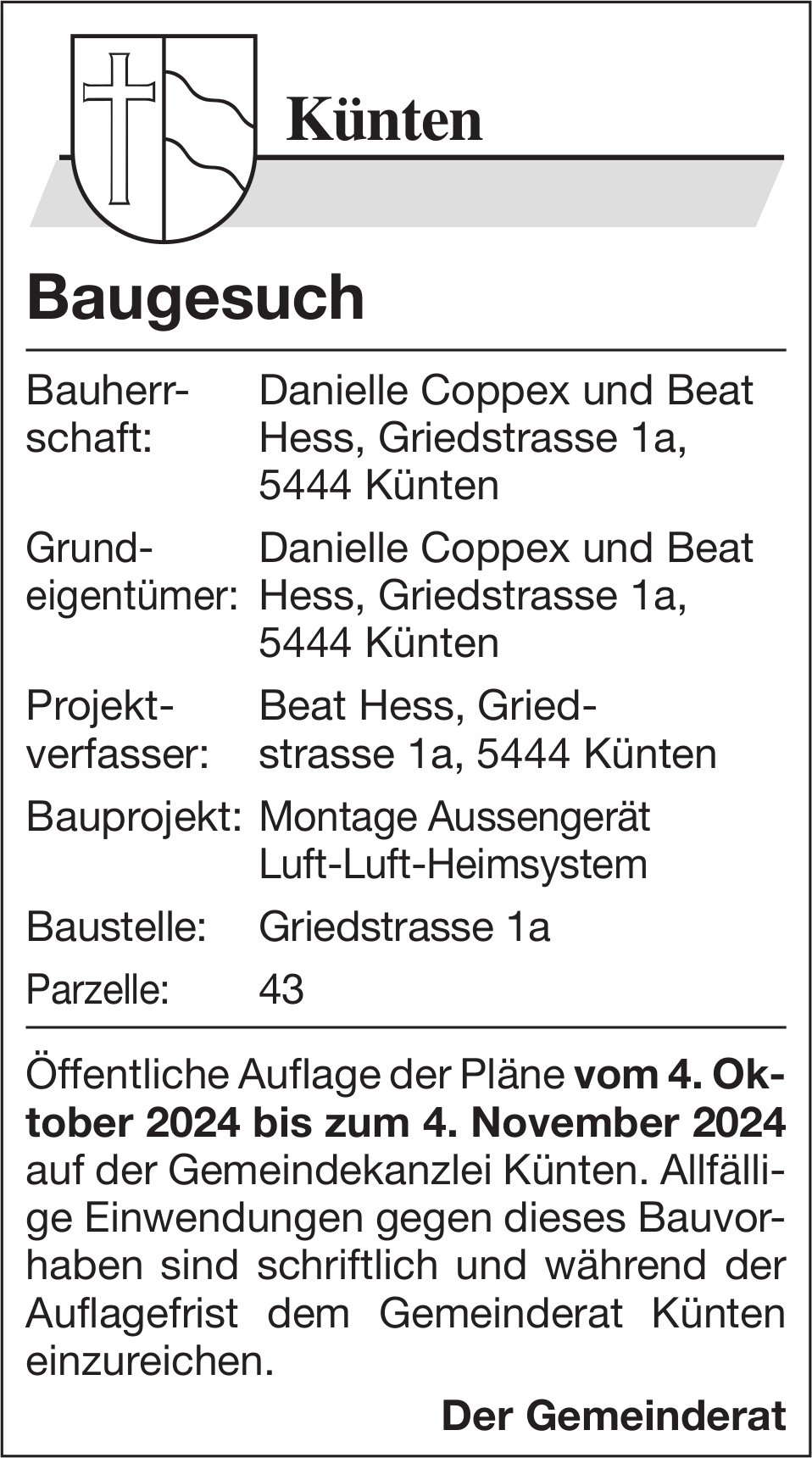 Baugesuche, Künten - Danielle Coppex und Beat Hess