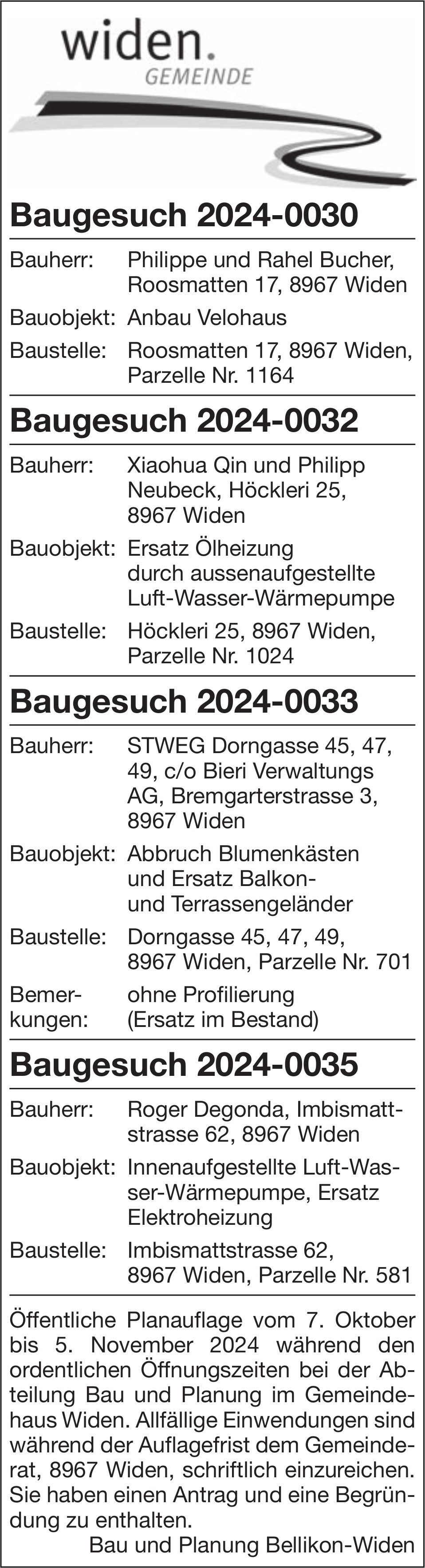 Baugesuche, Widen - Philippe und Rahel Bucher