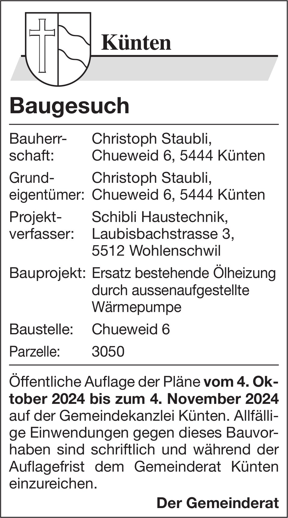 Baugesuche, Künten - Christoph Staubli