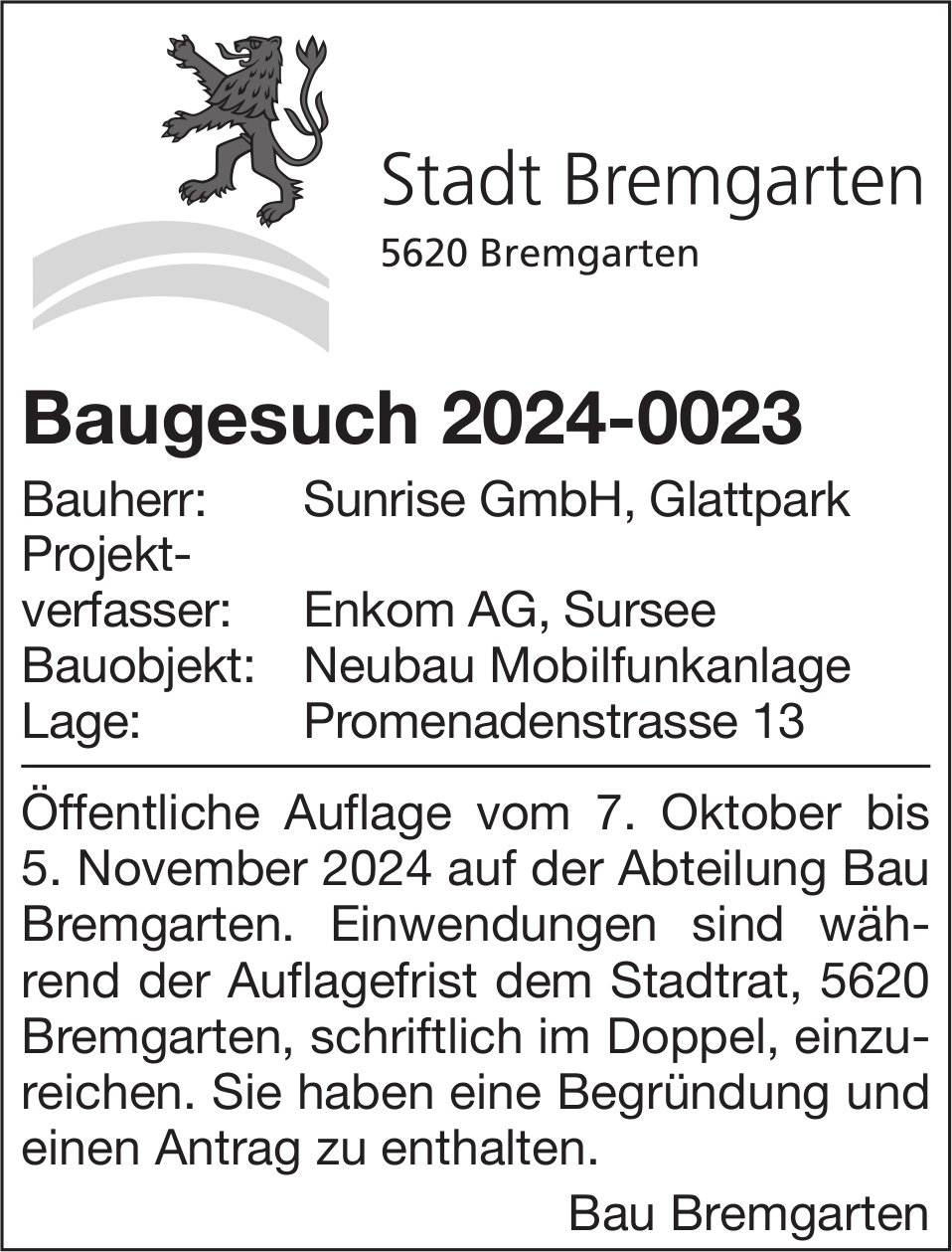 Baugesuche, Bremgarten - Sunrise GmbH