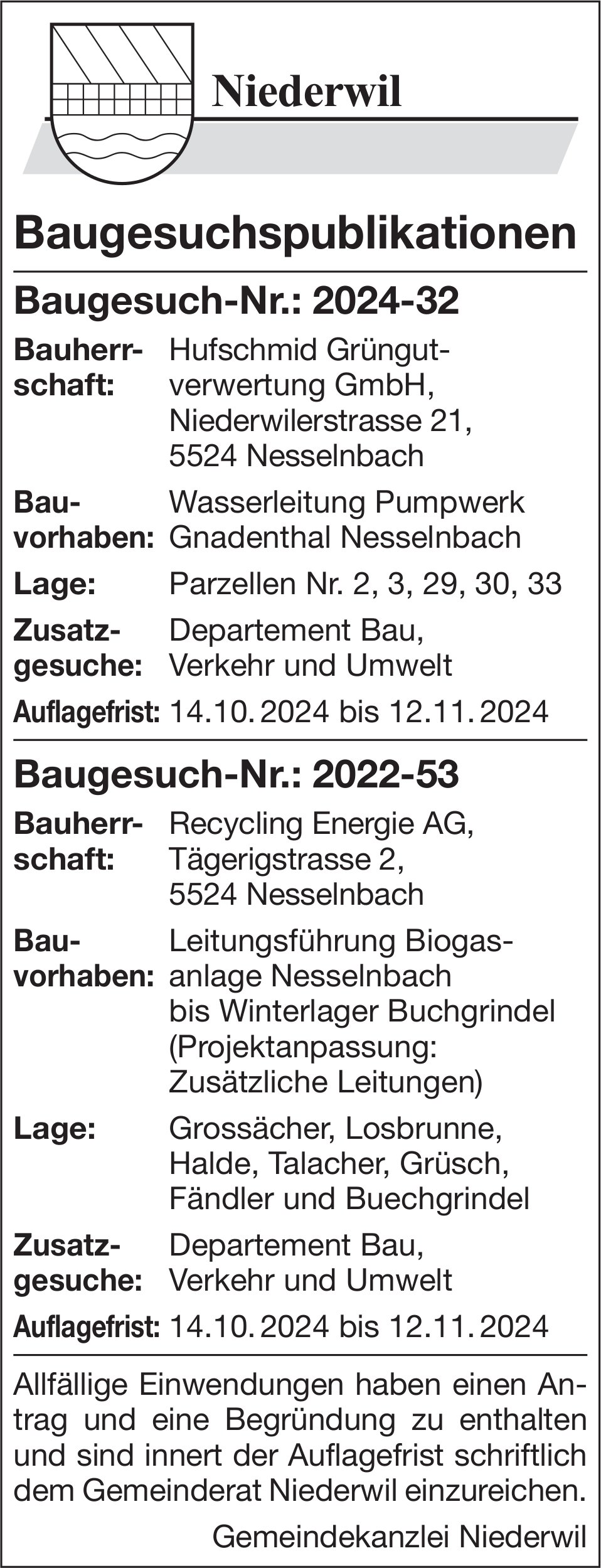 Baugesuche, Niederwil - Hufschmid Grüngutverwertung GmbH