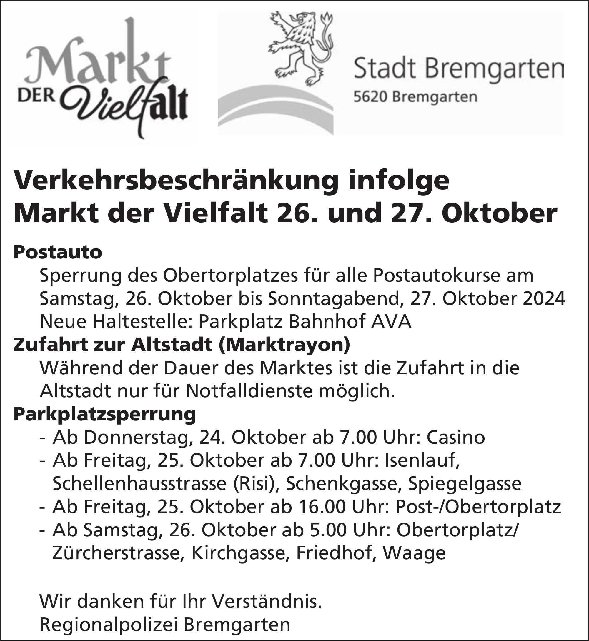 Stadt, Bremgarten - Verkehrsbeschränkung infolge Markt der Vielfalt 26. und 27. Oktober