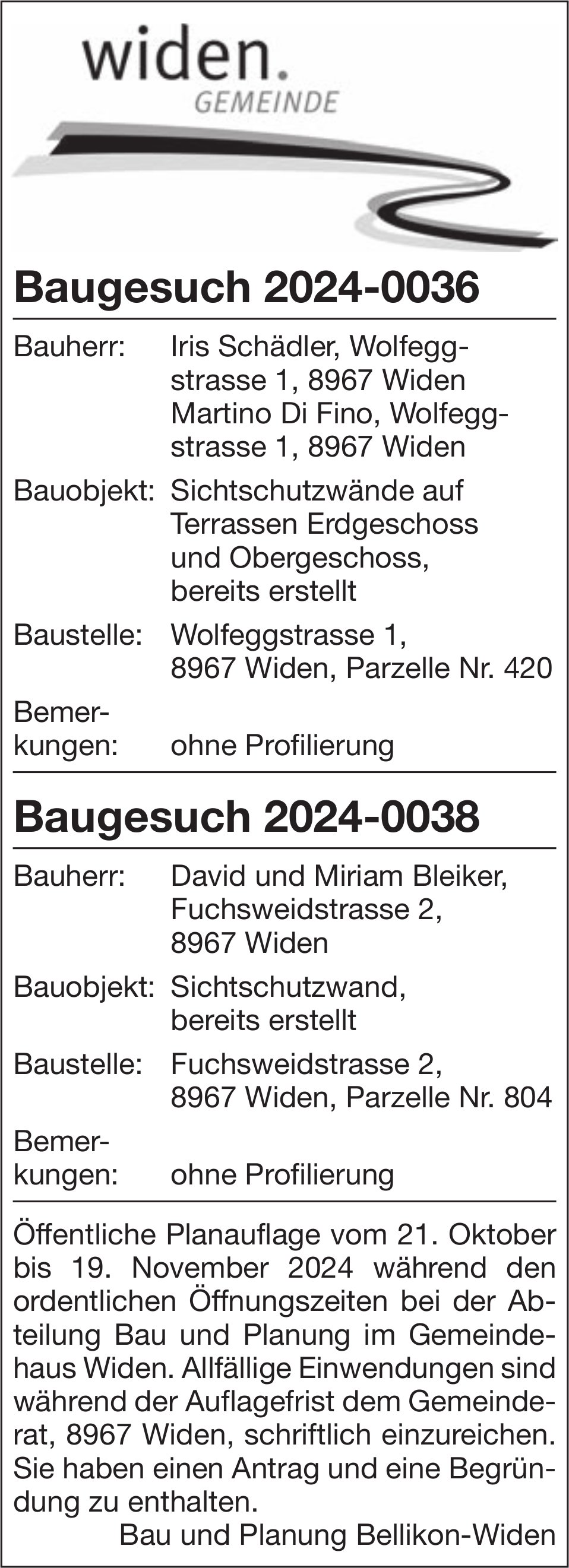 Baugesuche - Widen