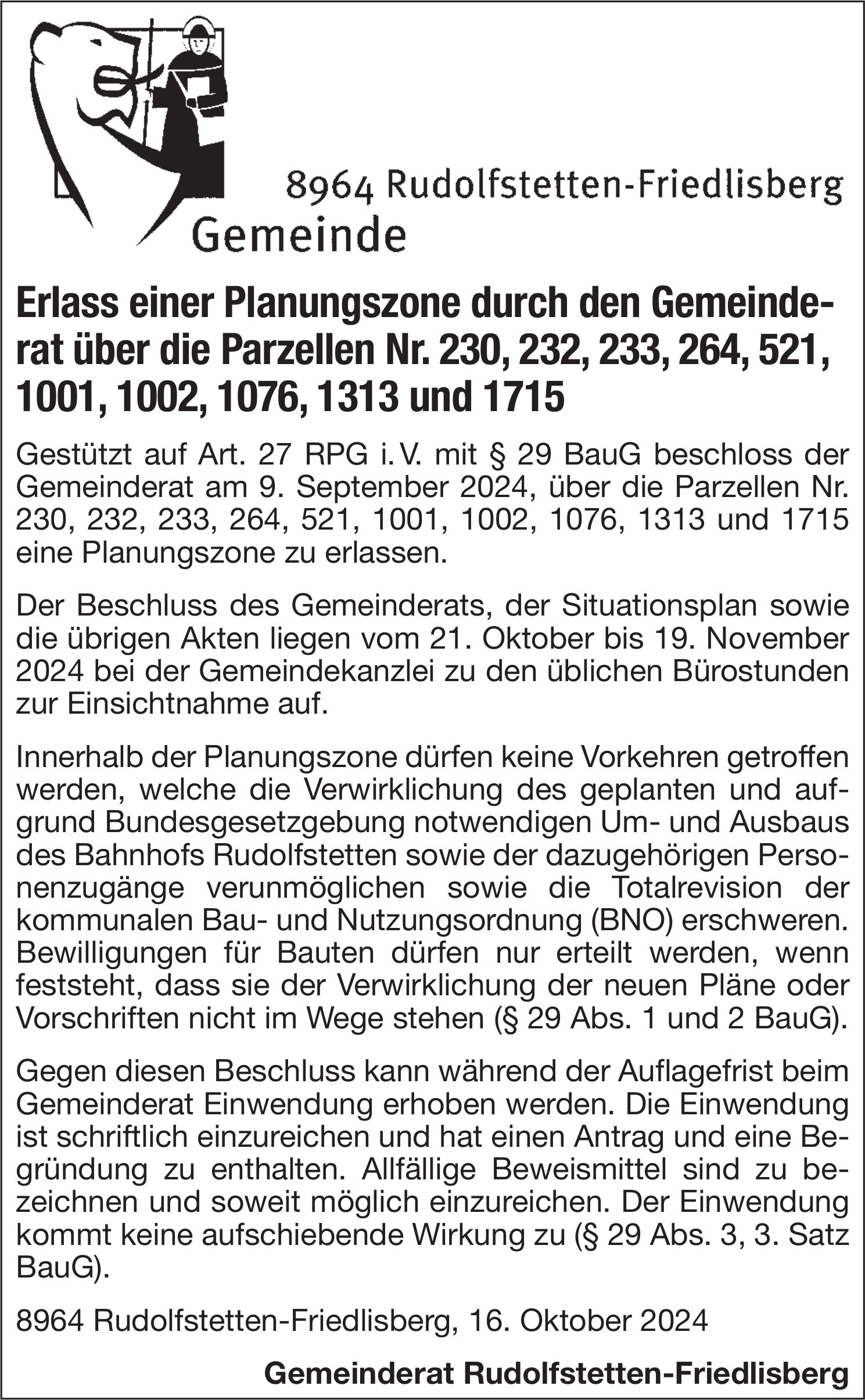 Rudolfstetten-Friedlisberg - Erlass einer Planungszone durch den Gemeinderat