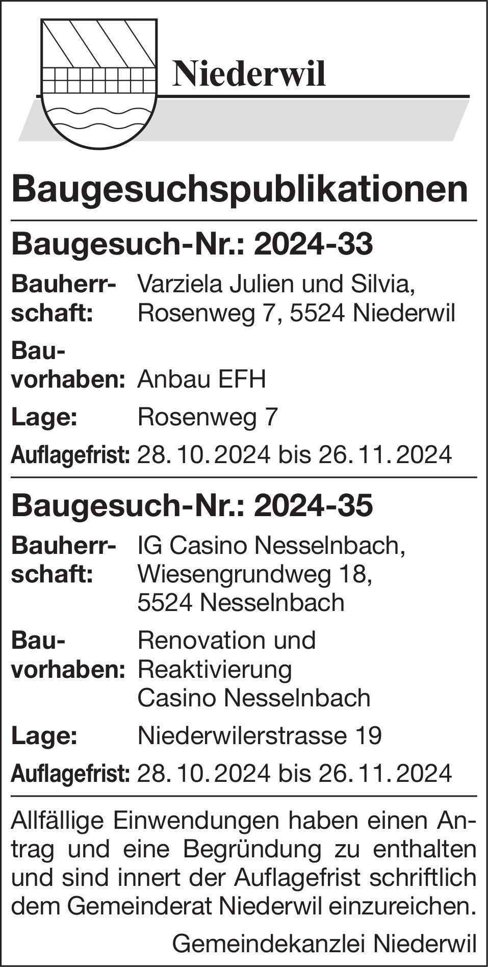 Baugesuche, Niederwil - Varziela Julien und Silvia