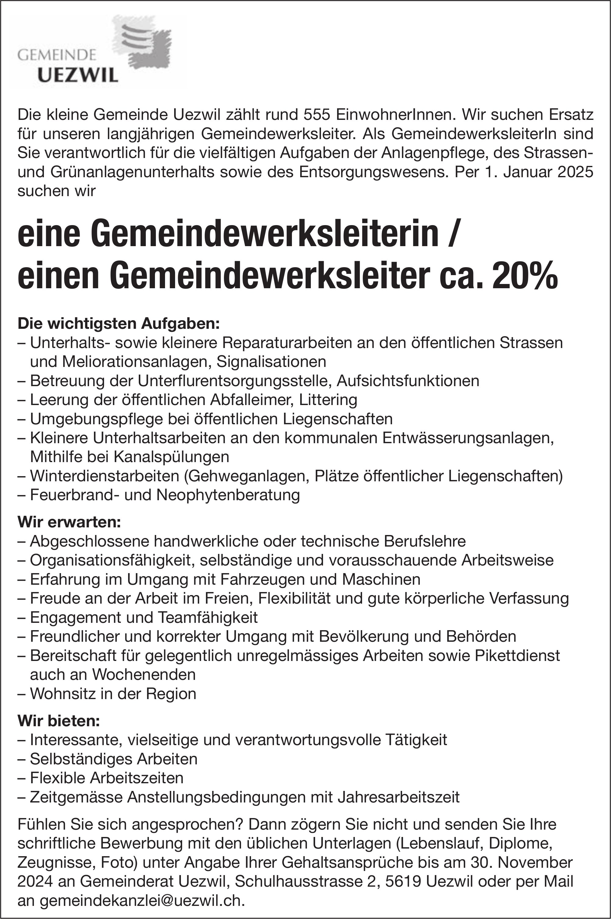 Gemeindewerksleiterin/Gemeindewerksleiter 20%, Gemeinde, Uezwil, gesucht