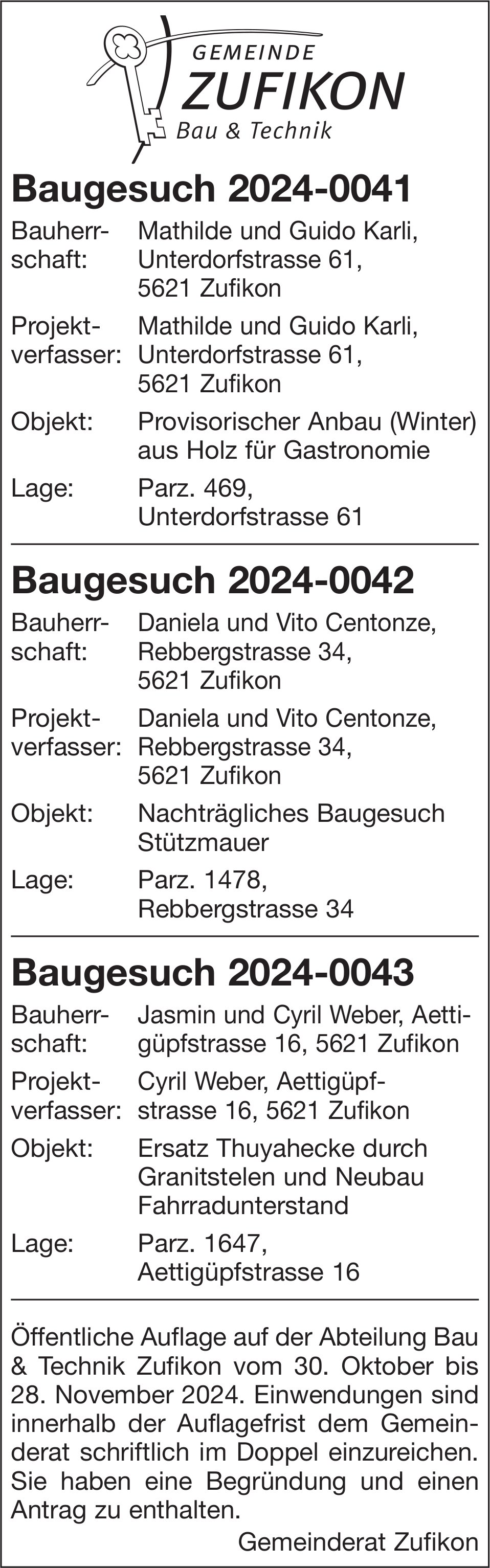 Baugesuche, Zufikon - Mathilde und Guido Karli