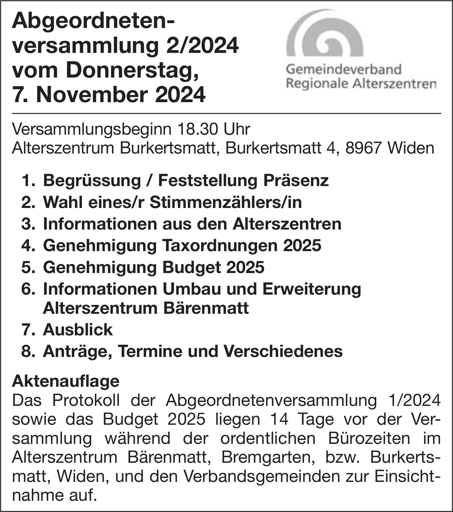 Abgeordnetenversammlung Gemeindeverband Regionale Alterszentren, 7. November, Alterszentrum Burkertsmatt, Widen