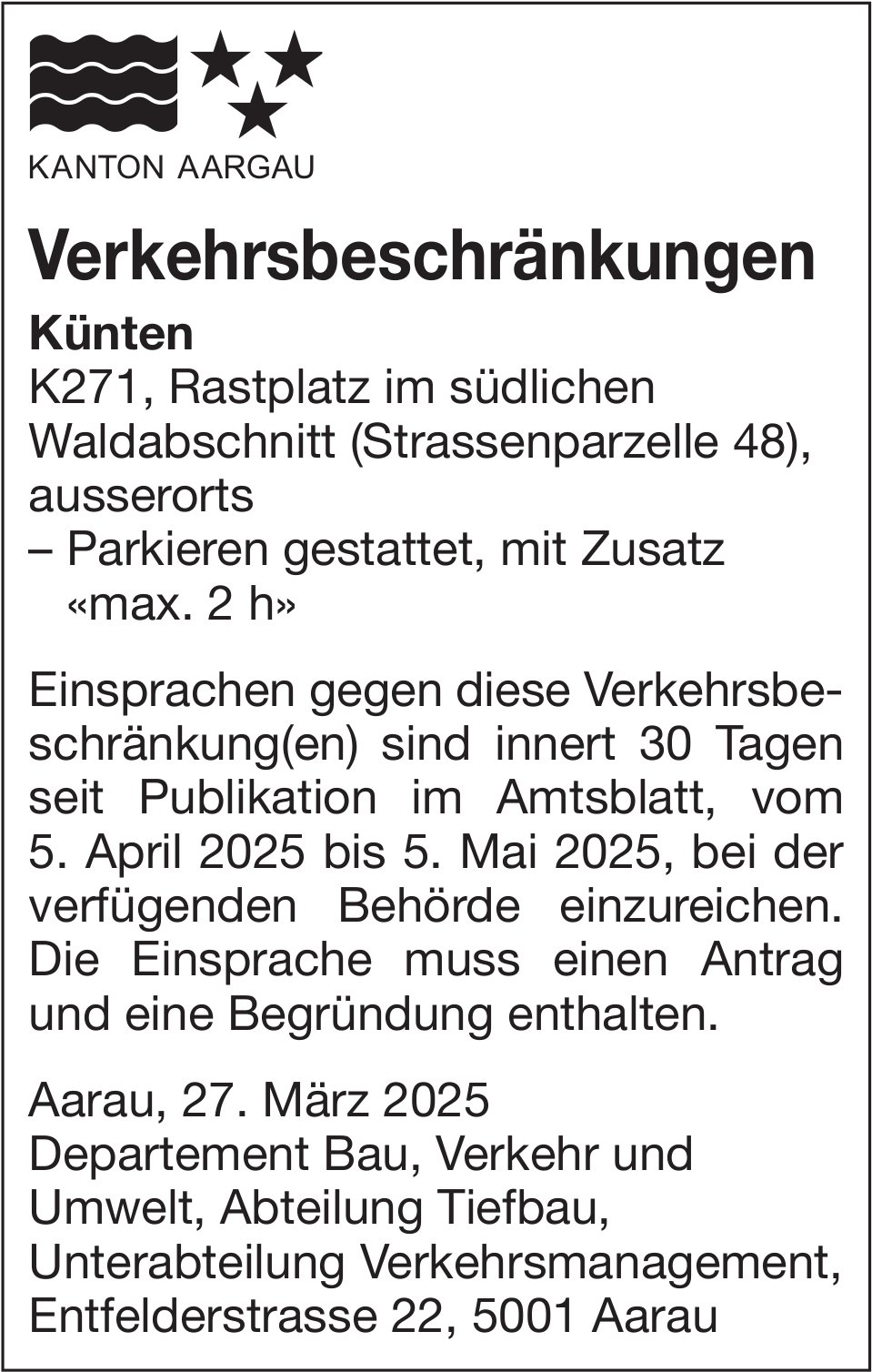 Künten - Verkehrsbeschränkungen