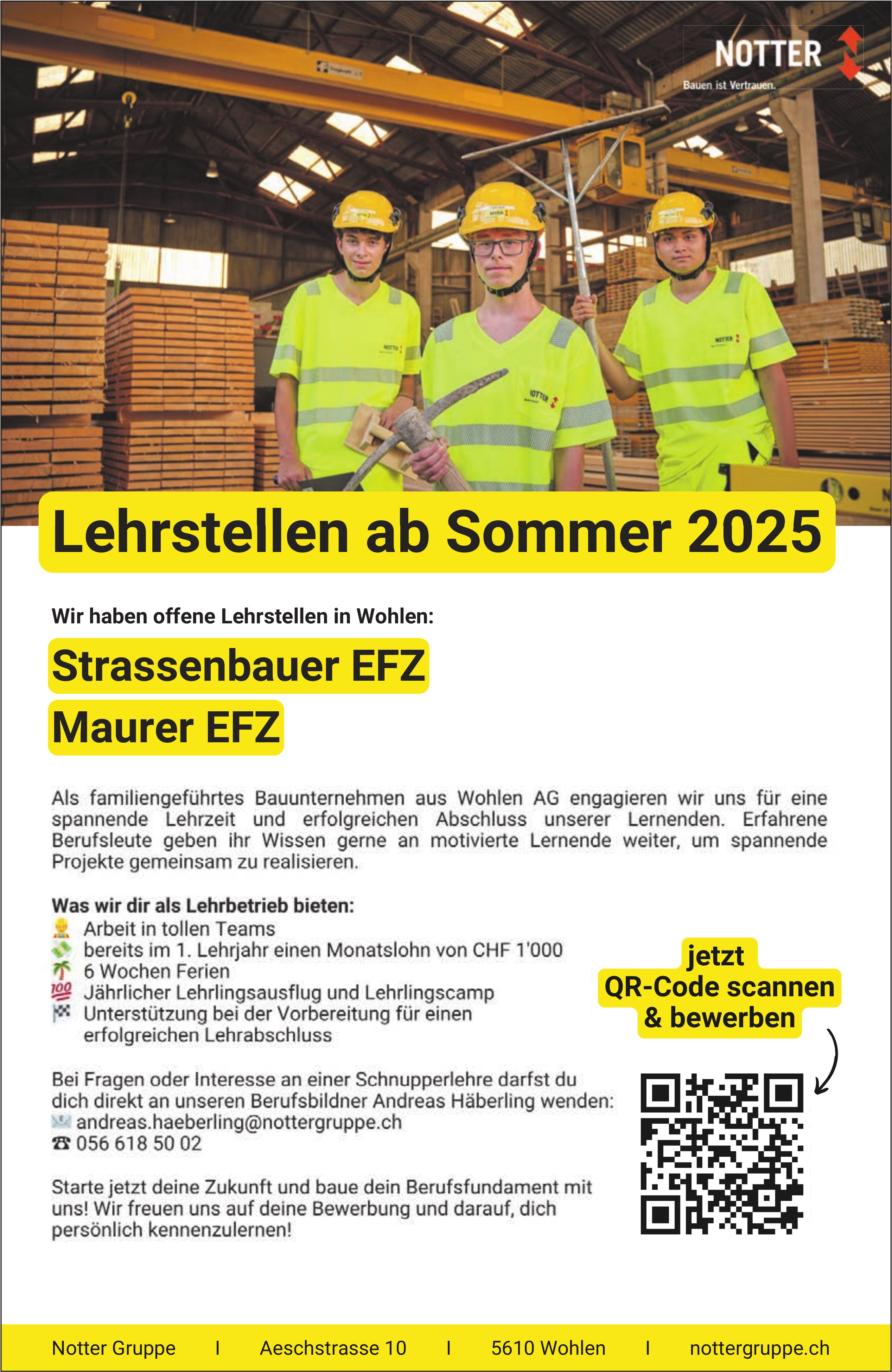 Lehrstellen als Strassenbauer EFZ und Maurer EFZ, Notter Gruppe, Wohlen, zu vergeben