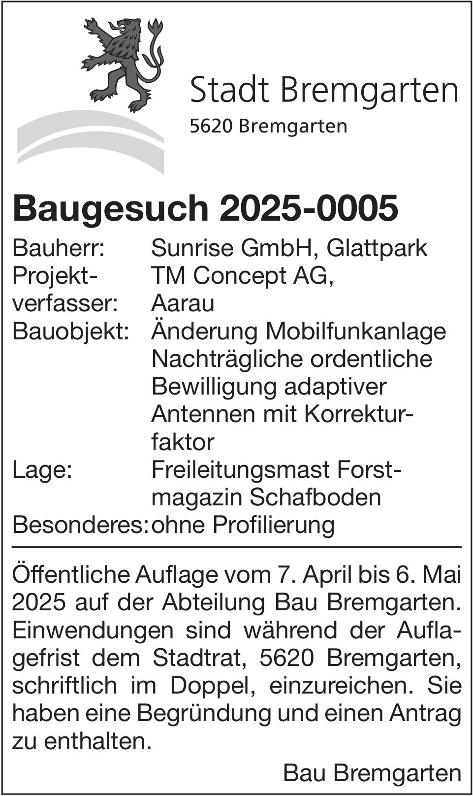 Baugesuche, Bremgarten - Sunrise GmbH
