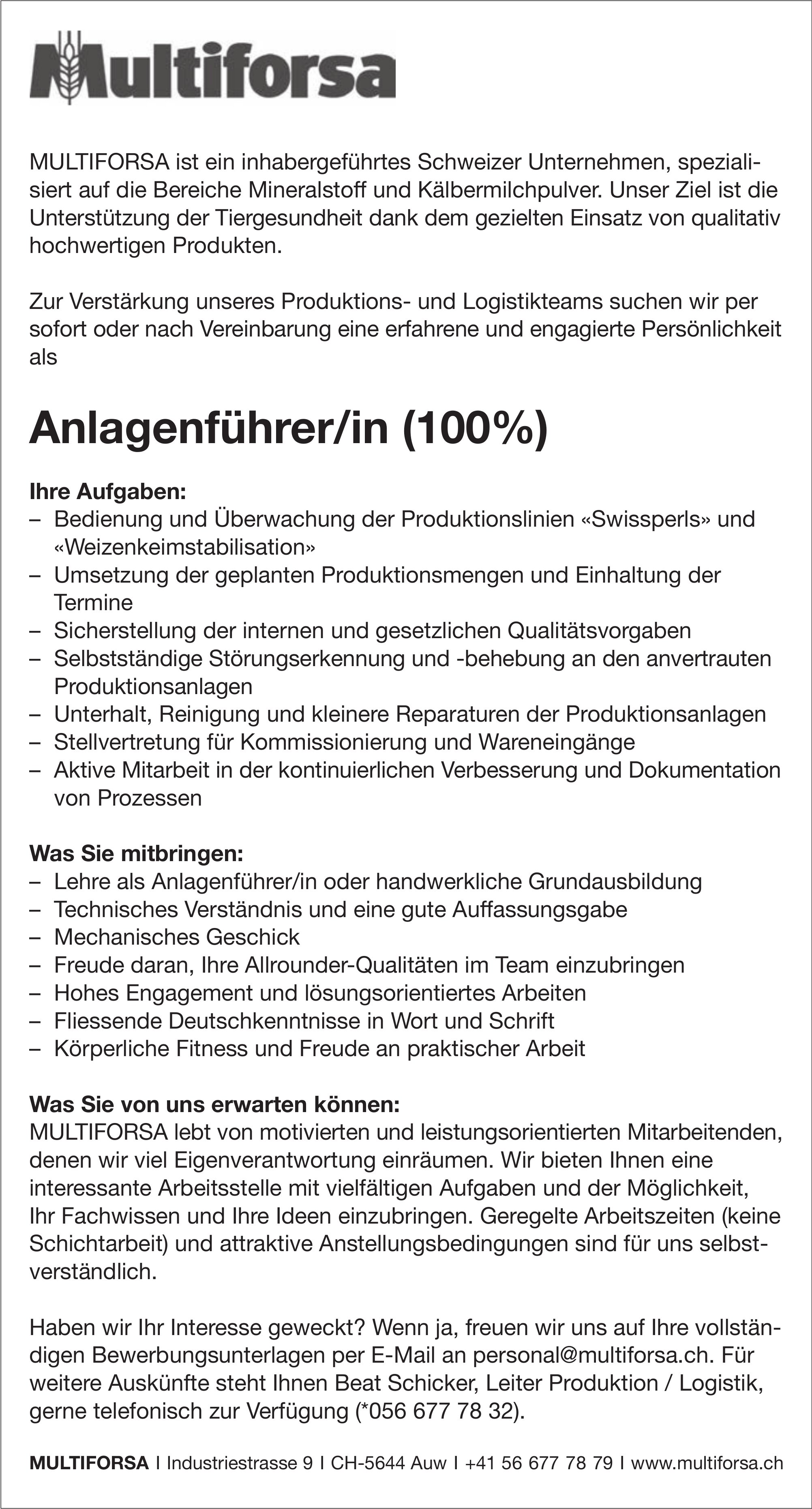 Anlagenführer/in (100%), Multiforsa, Auw, gesucht
