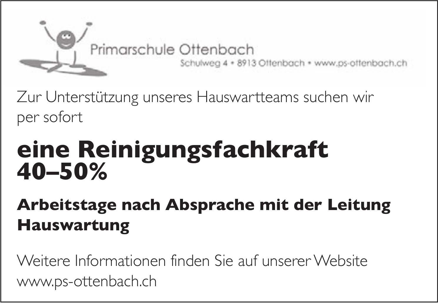 Reinigungsfachkraft 40–50%, Primarschule, Ottenbach, gesucht