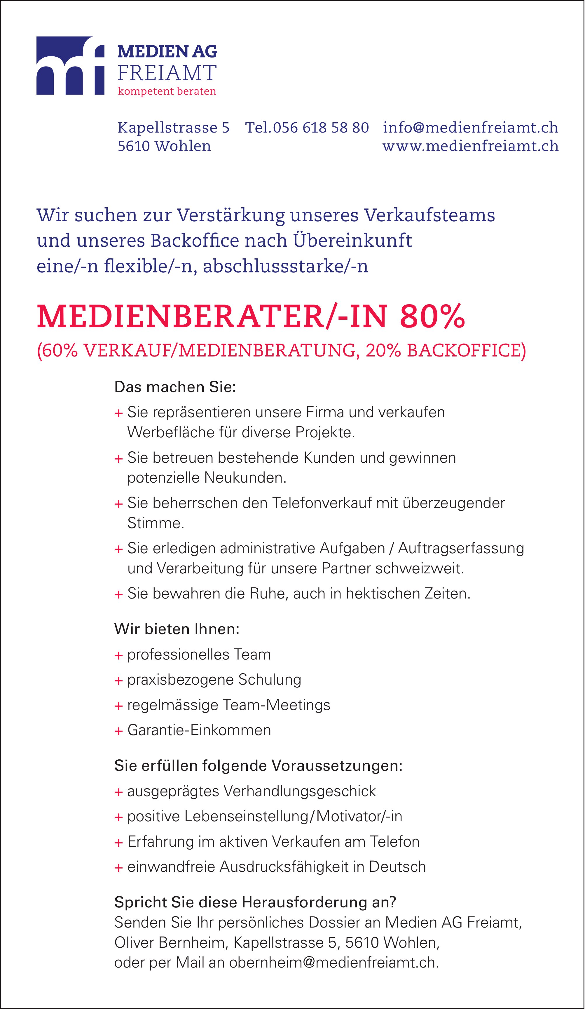 Medienberatier/-in 80%, Medien AG Freiamt, Wohlen, gesucht