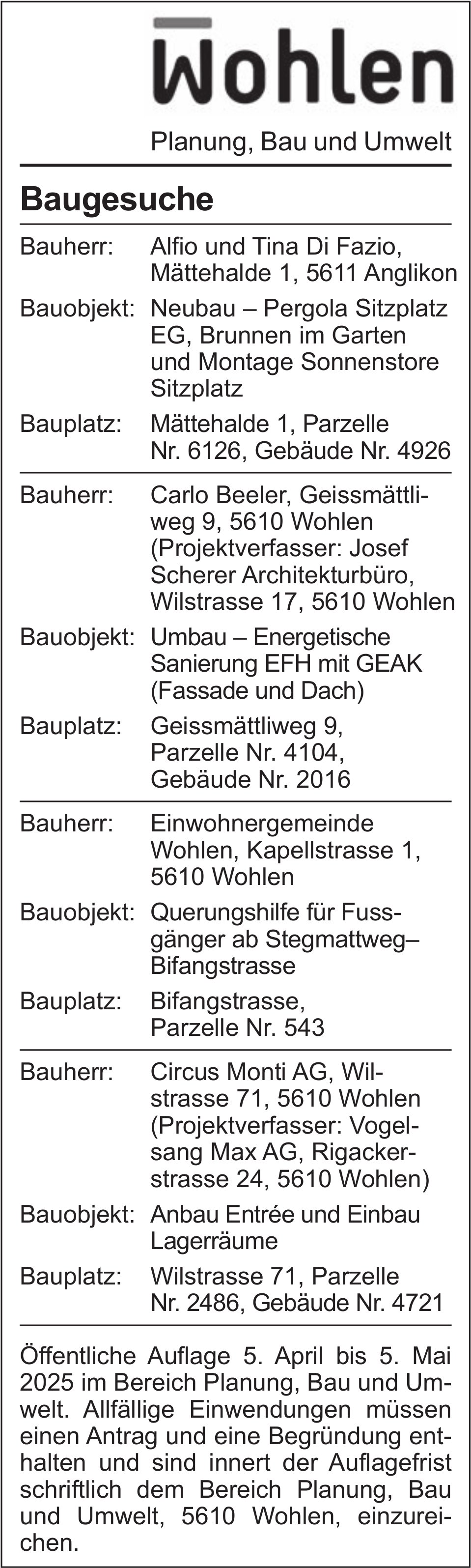 Baugesuche, Wohlen - Alfio und Tina Di Fazio