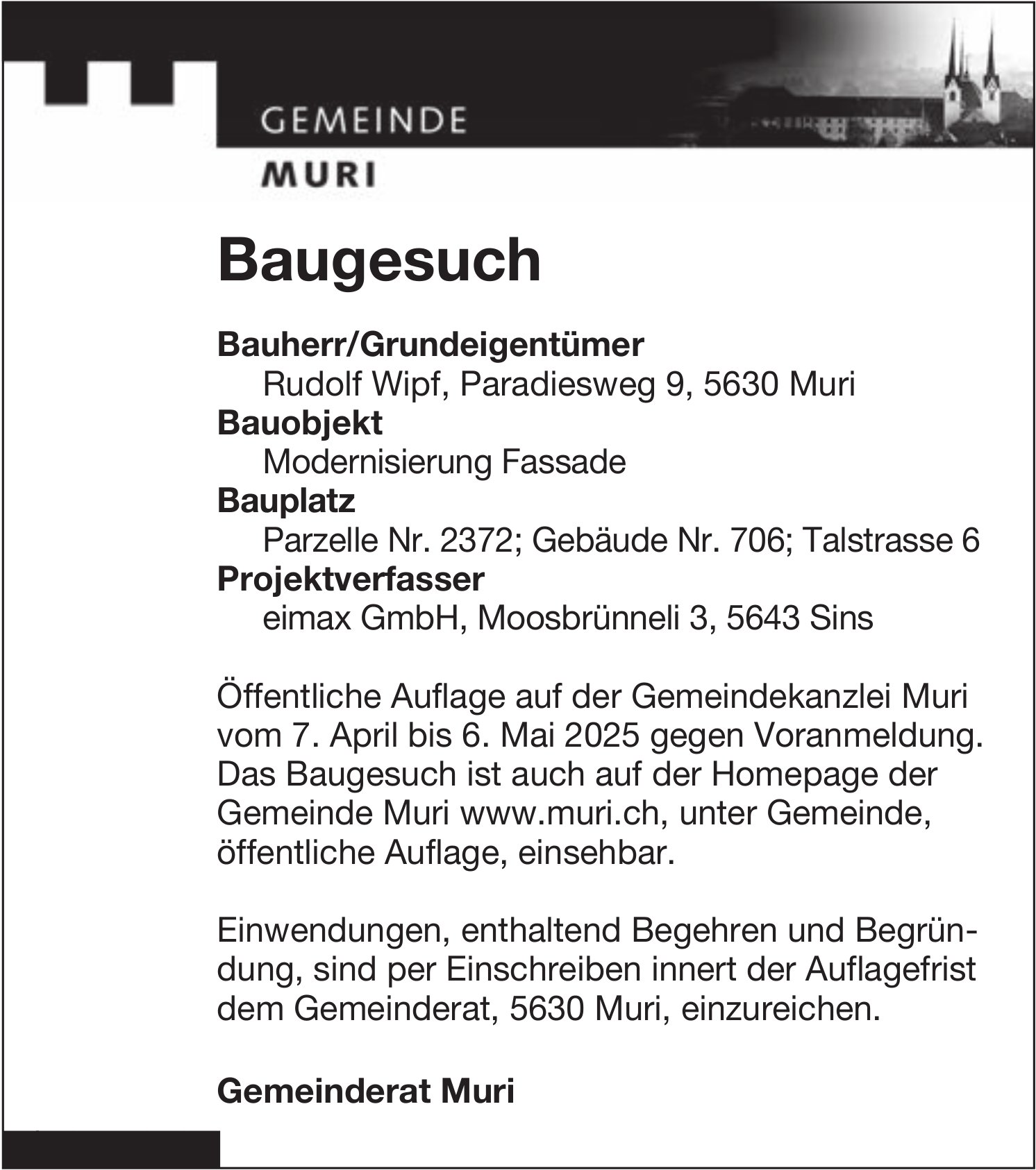 Baugesuche, Muri - Rudolf Wipf