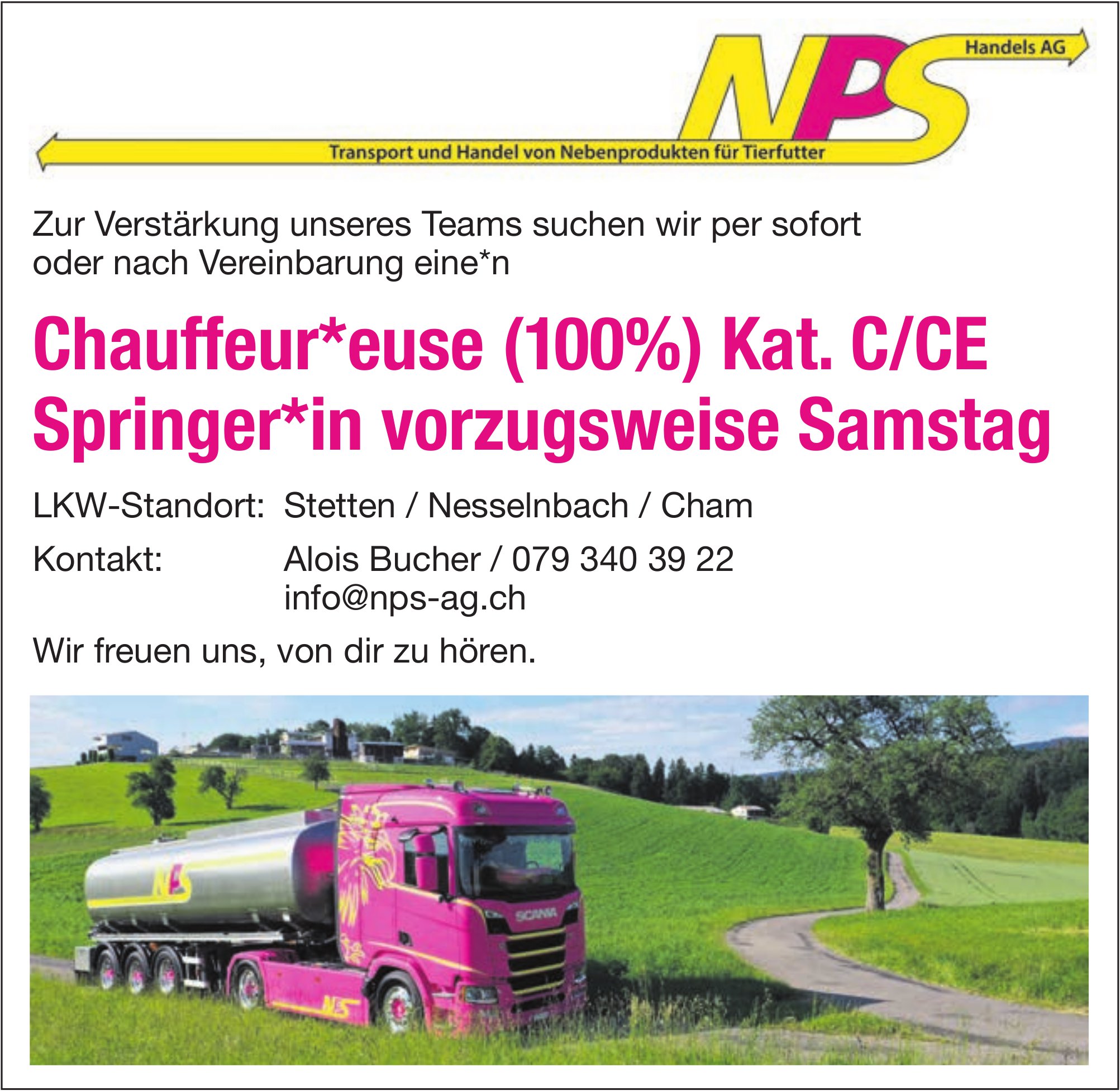 Chauffeur*euse (100%) Kat. C/CE und Springer*in vorzugsweise Samstag, NP Handels AG, Cham, gesucht