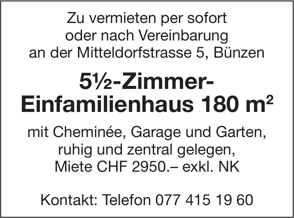 5.5-Zimmer-Einfamilienhaus, Bünzen, zu vermieten