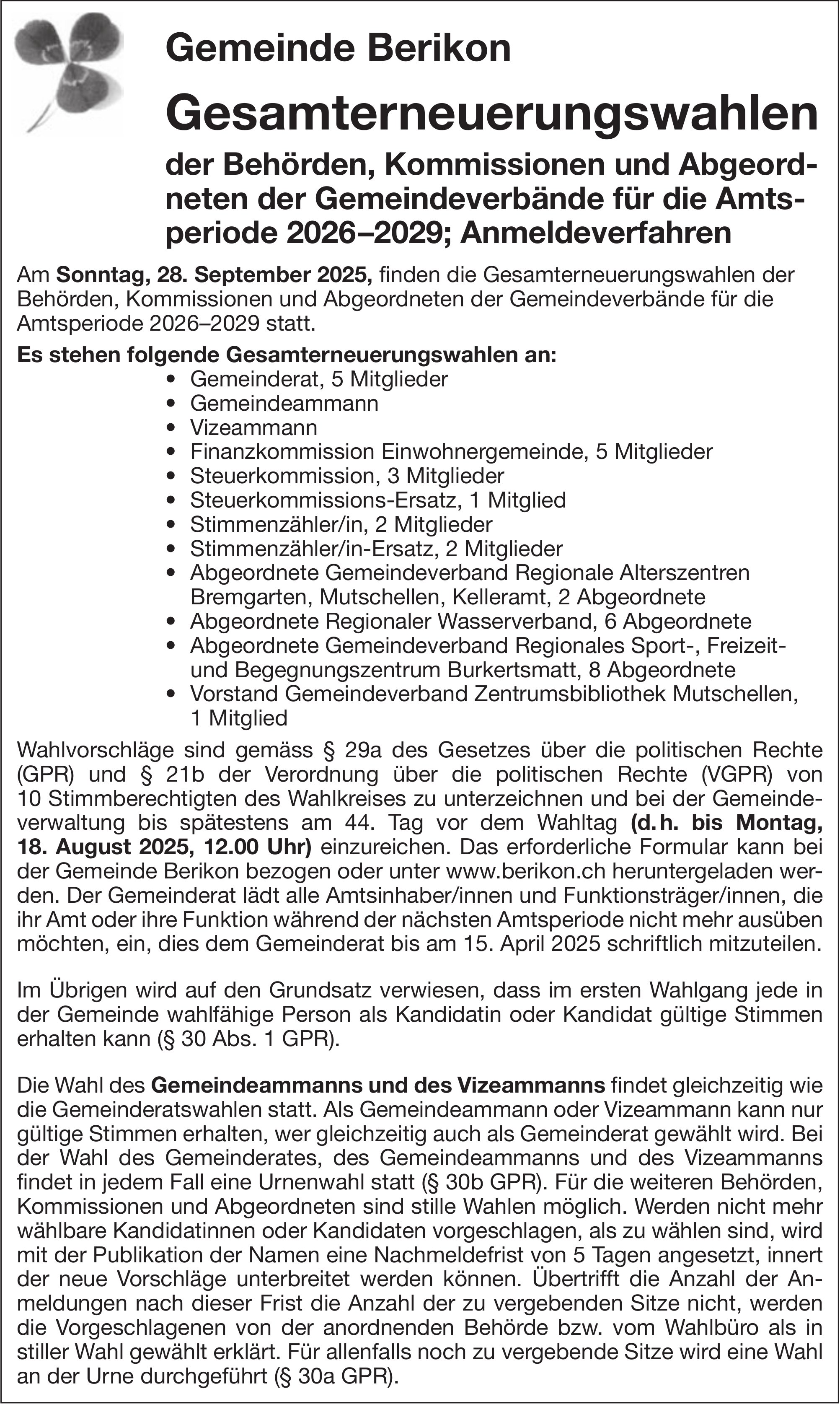 Berikon - Gesamterneuerungswahlen