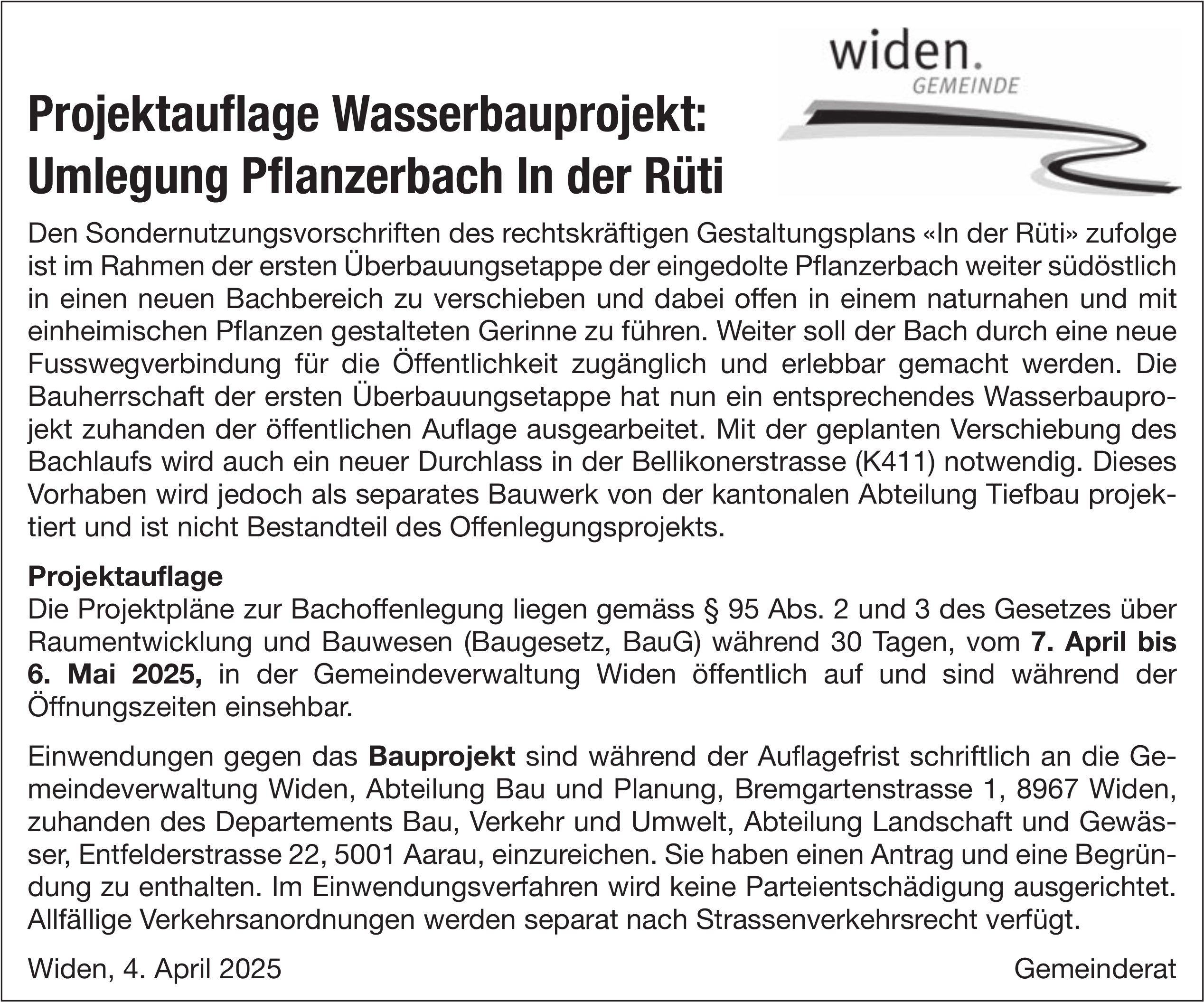 Baugesuche, Widen - Projektauflage Wasserbauprojekt: Umlegung Pflanzerbach In der Rüti