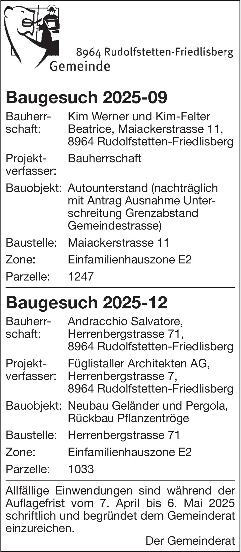 Baugesuche, Rudolfstetten-Friedlisberg - Kim Werner und Kim-Felter Beatrice